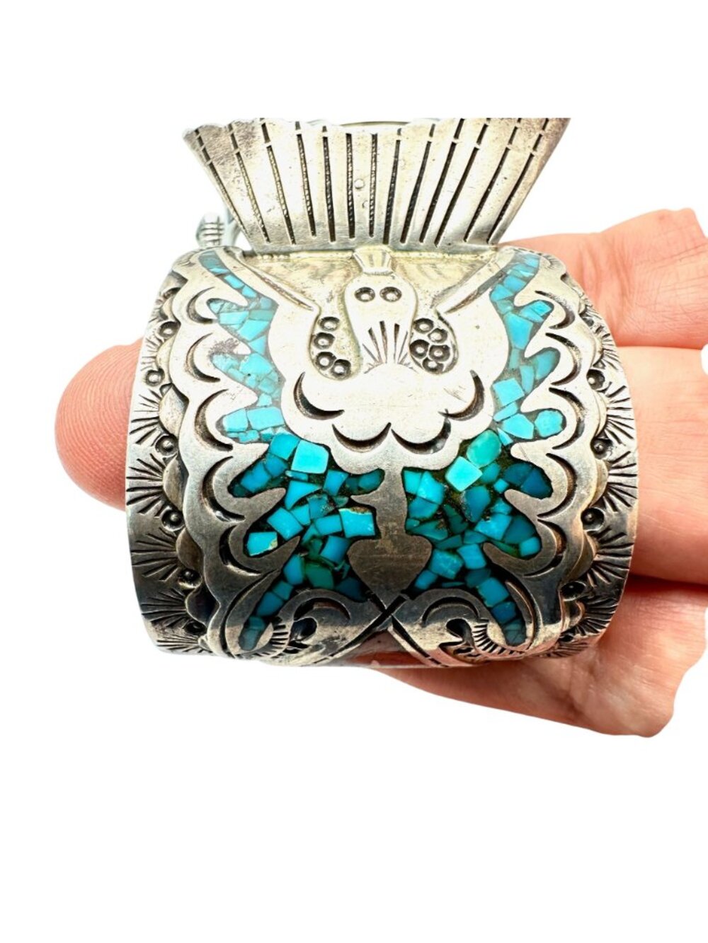 Native American Watch Cuff Bracelet Peyote Bird Coral Turquoise Sterling Silver